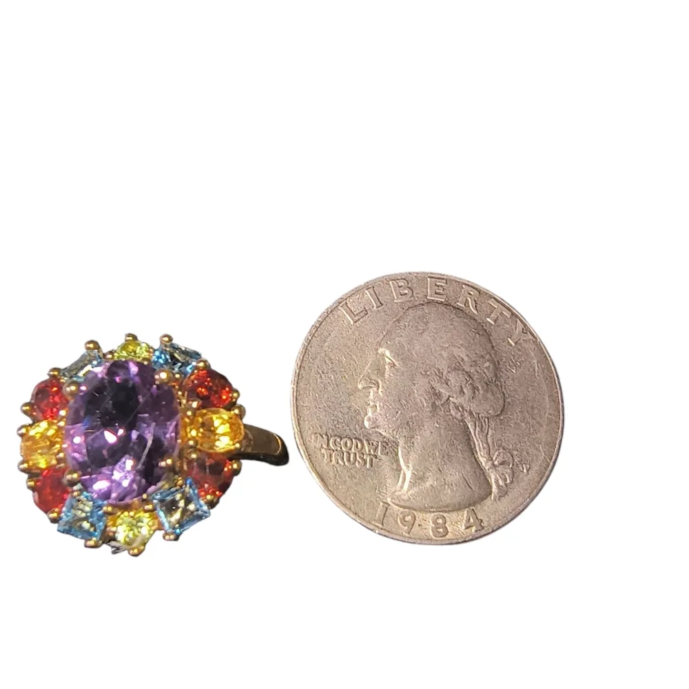 Multi Gemstone 18K Gold Over Sterling Silver Halo Ring